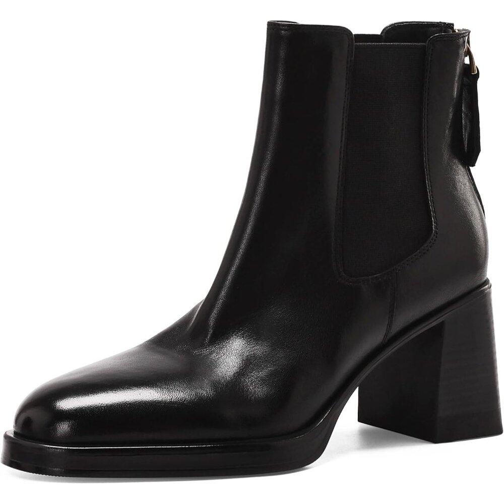 Women's Black Leather Round Toe Elastic Fall Booties Block Slip-on Short Boots